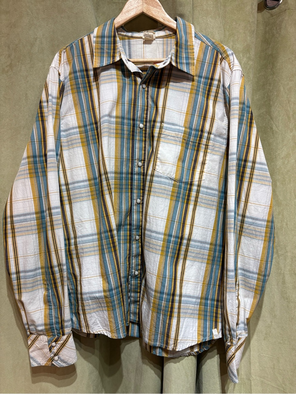 Men's Plaid Button-Down Shirt in Cream, Teal & Mustard
